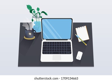 computer on the work desk. Beside consists of a mouse, pencil and notebook, a hot coffee cup on coasters and plants in glass jars
