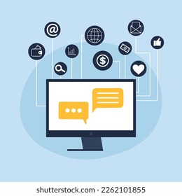 Computer online chat notices. Desktop pc with chatting bubble notifications, concept of people messaging on internet, on-line communication. Online social conversation, comment and icons set