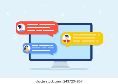 Computer online chat notices. desktop pc with chatting bubble notifications, concept of people messaging on internet, on-line communication. Vector illustration in flat style