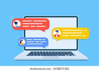 Computer online chat notices. desktop pc with chatting bubble notifications, concept of people messaging on internet, on-line communication. Vector illustration in flat style