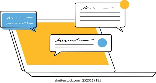 PC de escritorio con las notificaciones de la burbuja que charlan, concepto de la gente que envía mensajes en Internet, comunicación en línea. Ilustración vectorial en estilo plano. Notificación en el portátil