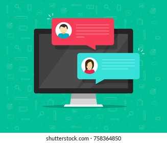 Computer online chat notices vector illustration, flat cartoon design of desktop pc with chatting bubble notifications, concept of people messaging on internet, on-line communication icon isolated