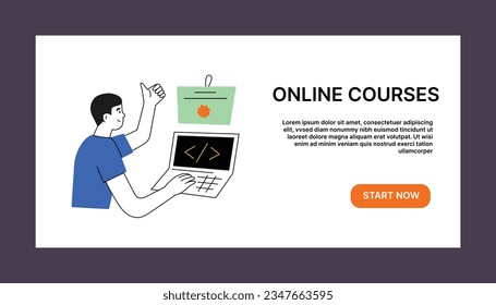Computer online courses, ui layout page, web banner with hand drawn illustration, vector interface for distant school website, e-learning app landing, information technology classes