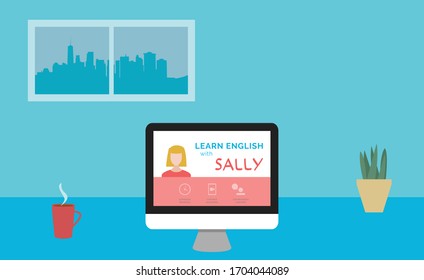 Computer with online English course on the screen. Learn English from home. Virtual teacher classes