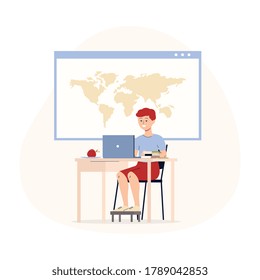 Computer online geography lesson with child cartoon character, flat vector illustration isolated on white background. Distance education and homeschooling for children.