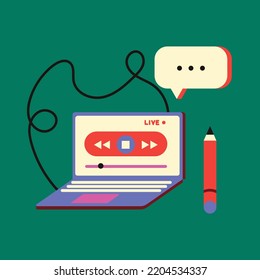 Equipo con icono de grabación en línea. El concepto de radiodifusión como medio de información de masas. Dibujo colorido con elementos de equipo de audio.Ilustración plana vectorial aislada
