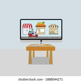 Computer, Online sales, Shipping products, Online sales, Shopping via the Internet, Online shopping store on website and mobile phone design, Vector illustration. Delivery, parcel delivery,