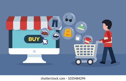 Computer online store concept. Shopping online with goods icons transfer. Man and cart at supermarket. Vector illustrator