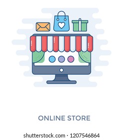 
Computer with online store symbol depicting e shopping 
