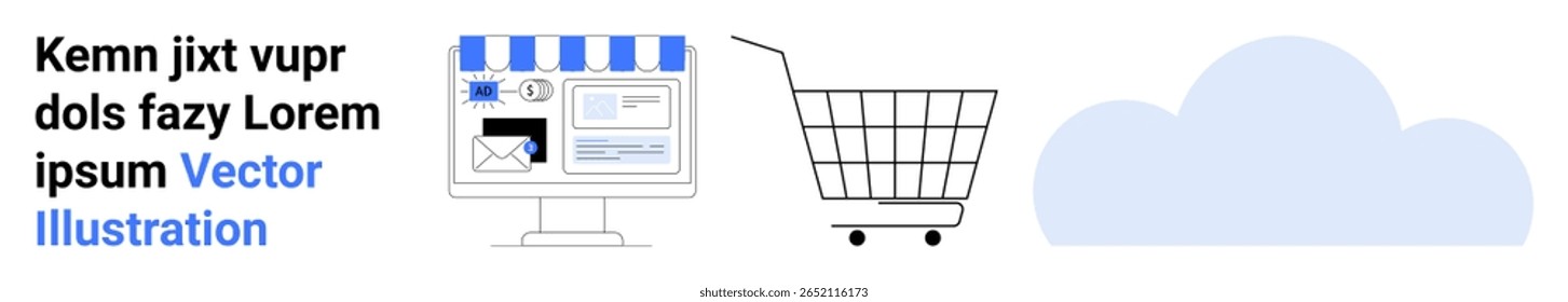Computador com vitrines on-line, carrinho de compras e ícone de nuvem que ilustram explicitamente a integração de e-commerce e tecnologia de nuvem. Ideal para compras on-line, serviços em nuvem, marketing digital, web