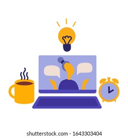 Computadora con profesor en línea y video de entrenamiento. Comunicación por Internet, videoconferencia, reunión en línea, autoeducación, e-learning, webinar, coaching vectorial concepto plano