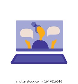 Computer with online teacher and training video. Internet communication, video conferencing, online meeting, self education, e-learning, webinar, coaching vector flat conceptComputer with online teach
