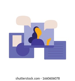Computer with online teacher and training video. Internet communication, video conferencing, online meeting, self education, e-learning, webinar, coaching vector flat concept