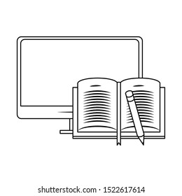computer with open book and pencil over white background, vector illustration