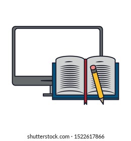 computer with open book and pencil over white background, vector illustration