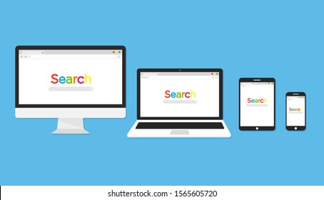 Computer with with open browser. Monitor with browser and search bar. Flat icon