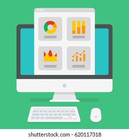 Computer with open charts and graph. Online business analytics