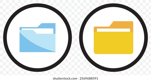 computer open data folder vector icon set in black, yellow and blue color. desktop save file ui symbol. information document organize folder sign. eps 10.