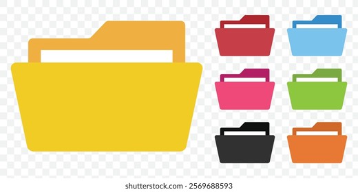 computer open data folder vector icon set in black, yellow and blue color. desktop save file ui symbol. information document organize folder sign. eps 10.