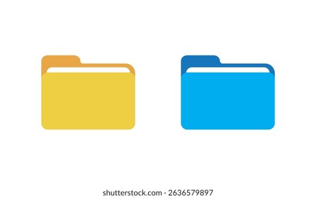 computer open data folder vector icon set in yellow and blue color. desktop save file ui symbol. information document organize folder sign.