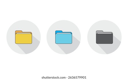 computer open data folder vector icon set in black, yellow and blue color. desktop save file ui symbol. information document organize folder sign.