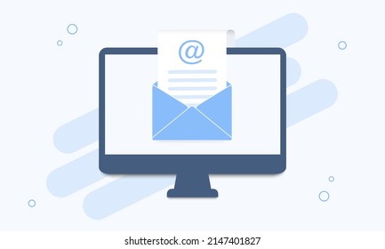 Computer With Open Envelope And Document On Screen. Mail Service. Email And Messaging. Vector