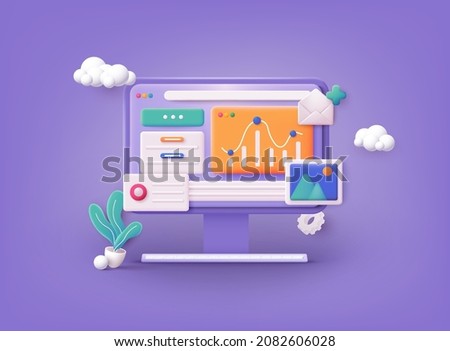 Computer with open pages. Landing page template for web. Data analytics, dashboard and business finance report. 3D Web Vector Illustrations. 