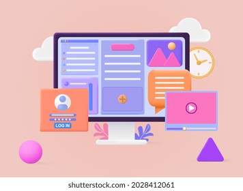 Computer with open pages. User interface design. Convenient and stylish layout of site. Template for websites and applications. Cartoon modern 3d vector illustration isolated on a pink background