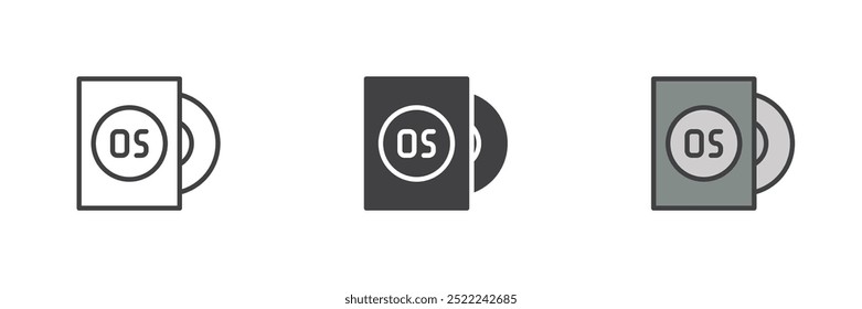 Computer operating system different style icon set. Line, glyph and filled outline colorful version, outline and filled vector sign. OS installation disc symbol, logo illustration. Vector graphics