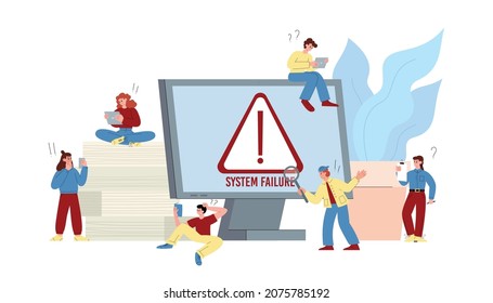 Computer operating system failure or error banner concept with cartoon people characters, flat cartoon vector illustration isolated on white background.