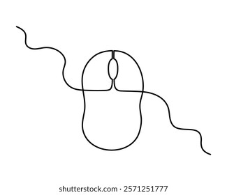 Computer optical mouse tool one line art,hand drawn input office device,idea laptop internet work drawing continuous contour.Online earning concept,minimalistic art drawing.Isolated.Editable stroke.
