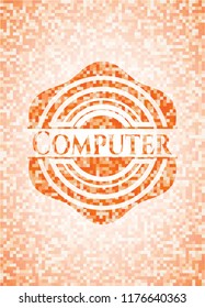 Computer orange tile background illustration. Square geometric mosaic seamless pattern with emblem inside.