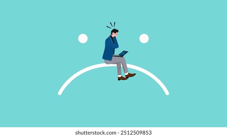 computer outage or blue screen of death error, incorrect software update, operating system crash or cyber attack, stressed businessman due to computer outage sitting on blue screen icon