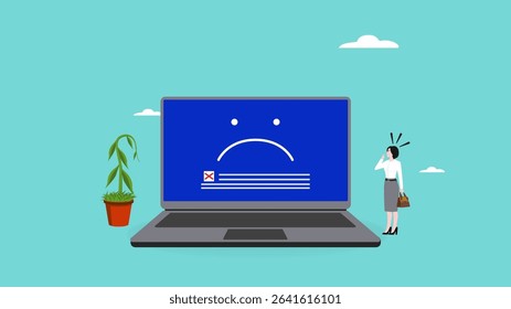 computer outage or blue screen error, common computer problem or server down, incorrect software update, operating system crash or cyber attack, confused woman with computer blue screen error