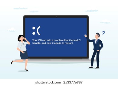 Interrupción del equipo, error o falla causada por error del Actualizar de software, falla del sistema operativo o ataque cibernético, servidor caído o concepto de problema técnico, víctimas de personas que miran la interrupción del ordenador portátil