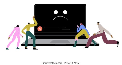 Computer outage, error or failure causing by software update mistake, operating system crash or cyber attack, server down or technical issue concept, people victims looking at computer laptop outage