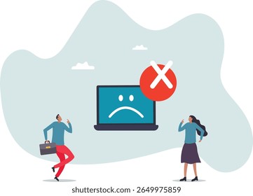 Paralisação do computador, erro ou falha causadas por erro de atualização de software, travamento do sistema operacional ou ataque cibernético, conceito de pessoas.