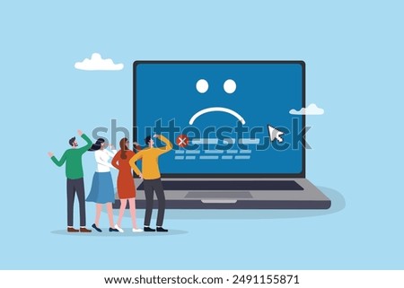 Computer outage, error or failure causing by software update mistake, operating system crash or cyber attack, server down or technical issue concept, people victims looking at computer laptop outage.