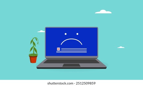 Computer outage, operating system crash or cyber attack, common computer problem or server down, Failure to operate due to incorrect software update, computer laptop outage with wilting plants