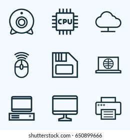 Computer Outline Icons Set. Collection Of Floppy, Cpu, Storage And Other Elements. 