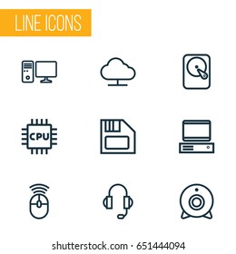 Computer Outline Icons Set. Collection Of Camera, PC, Earphones And Other Elements. Also Includes Symbols Such As Device, Cam, Diskette.