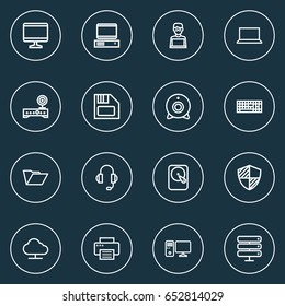 Computer Outline Icons Set. Collection Of Display, Notebook, Floppy And Other Elements. Also Includes Symbols Such As Floppy, Cam, Diskette.