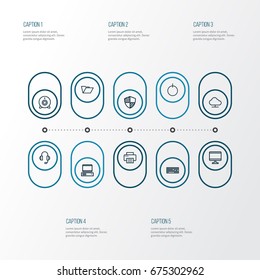 Computer Outline Icons Set. Collection Of Storage, Power, PC And Other Elements. Also Includes Symbols Such As Earphones, PC, Screen.