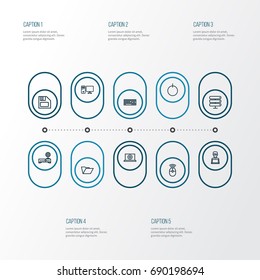 Computer Outline Icons Set. Collection Of Power, Computer, File And Other Elements. Also Includes Symbols Such As Wifi, Router, Diskette.