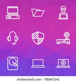 Computer Outline Icons Set. Collection Of Modem, Laptop, Hard Disk And Other Elements. Also Includes Symbols Such As Folder, PC, Dossier.