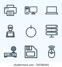 Computer Outline Icons Set. Collection Of Printer, Notebook, Datacenter And Other Elements. Also Includes Symbols Such As Disk, Mouse, PC.