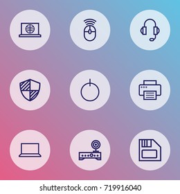 Computer Outline Icons Set. Collection Of Peripheral, Floppy, Earphones And Other Elements. Also Includes Symbols Such As Start, Router, Wifi.