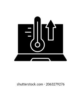 Computer overheating black glyph icon. High processor temperature. Hot notebook, issue with cooling system. Laptop problems. Silhouette symbol on white space. Vector isolated illustration
