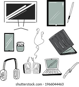 Computer, pad, ear pod, essentials set illustration. Gadget flat art illustration vector illustration. Pad gadget screen hand-drawn illustration artwork. Device drawing. 