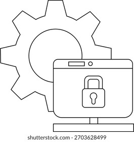 Una computadora con un candado en la pantalla se sienta frente a un engranaje